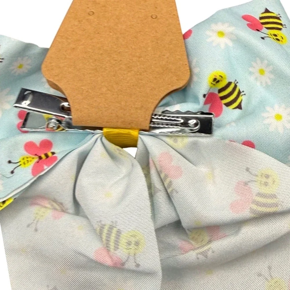 Bumblebee and Daisy Print Oversized Hair Bow Blue Floral Alligator Clip